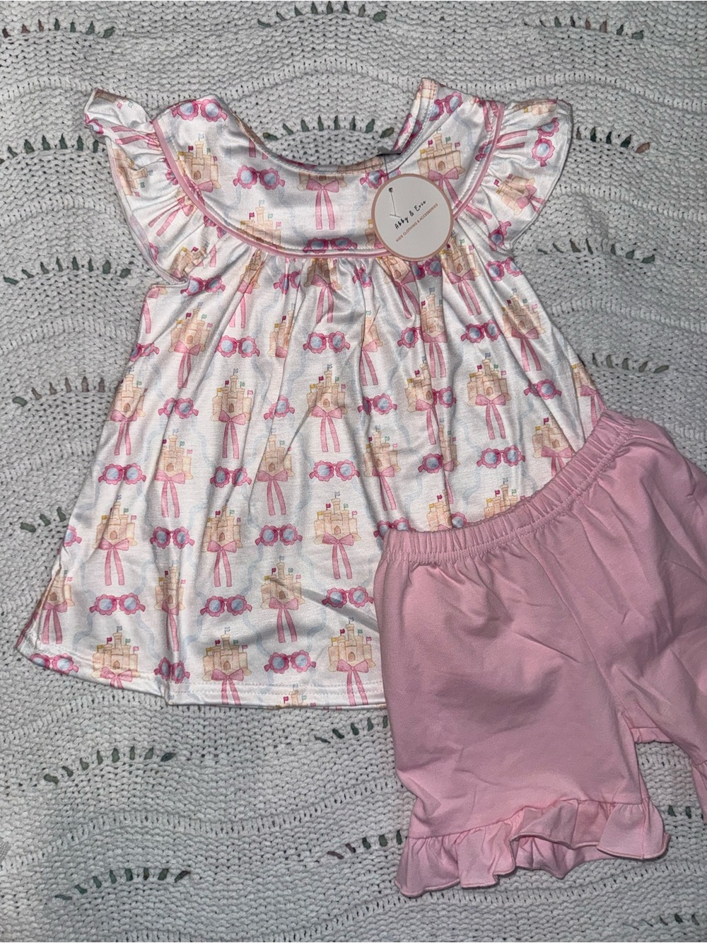 NWT Abby & Evie Pink Bow Castle Printed Ruffle-Trim Set